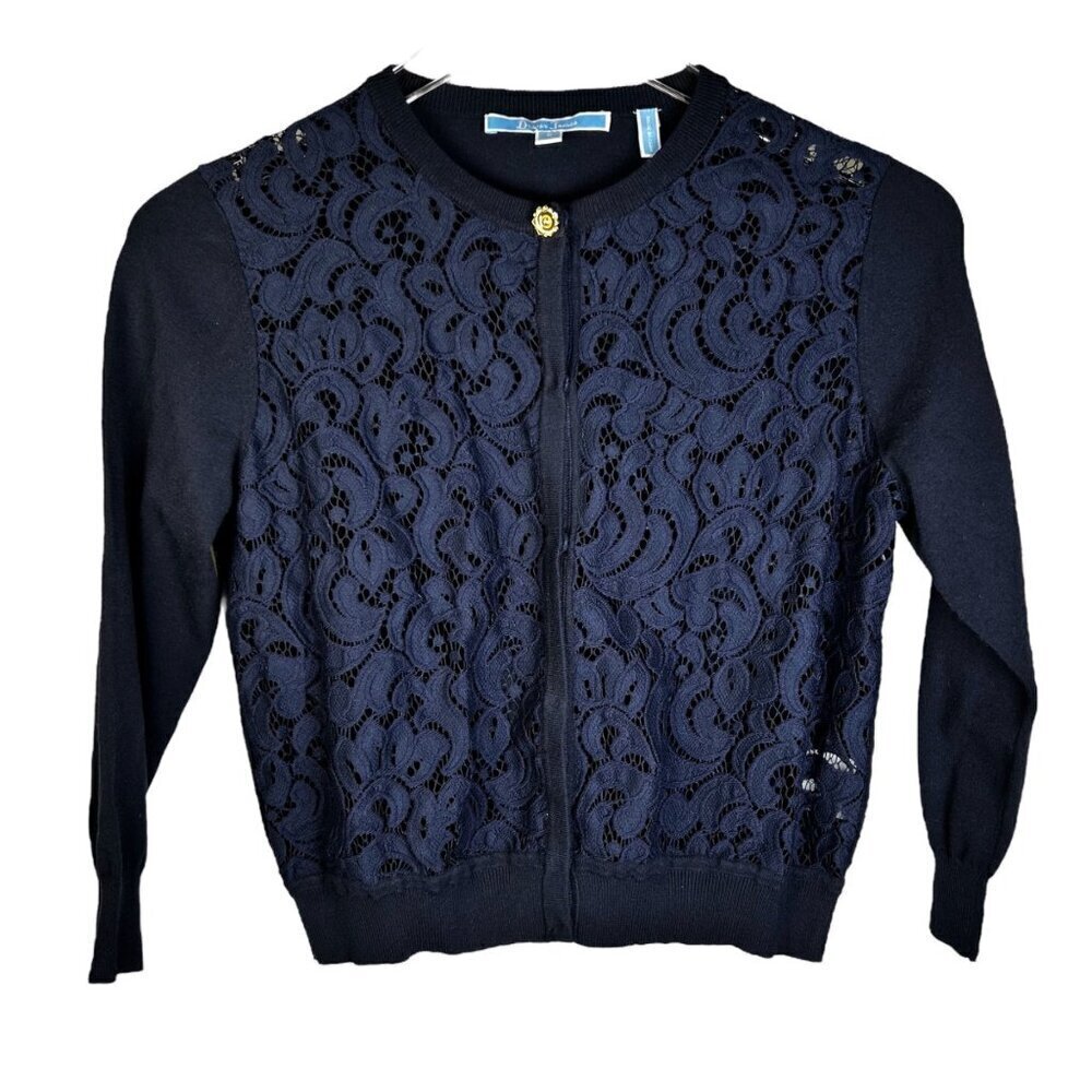 Draper James XS Lace Front Cardigan Sweater Office Brunch 3/4 Sleeve Navy
